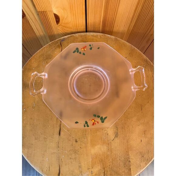 Vtg Pink Depression Frosted Glass Flower Hand Painted 2 Handle Dish 8.75” - Picture 1 of 8